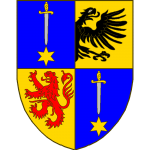 Ecartelé: aux 1 et 4 d'azur à une épée d'argent garnie d'or, la pointe en bas, soutenue d'une étoile d'or, au 2 d'or à une demie-aigle de sable, mouvant du parti, au 3 d'or au lion de gueules.