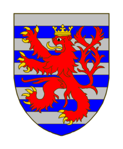 Burelé d’argent et d’azur de dix pièces au lion rampant de gueules, couronné, armé et lampassé d’or, la queue fourchue et passée en sautoir.