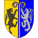 Parti d'or et d'azur à deux crosses adossées de l'un en l'autre mouvant de la pointe et brochant sur la partition les crosses soutenues à dextre par un loup rampant contourné au naturel et à senestre par un lion d'argent