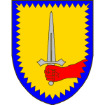 D'or au dextrochère de gueules mouvant du flanc (sénestre!) tenant une épée d'argent, et une bordure dentelée d'azur.