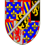 Ecartelé: aux 1 et 4 de Bourgogne moderne, au 2 parti de Bourgogne ancien et de Brabant, au 3 parti de Bourgogne ancien et de Limbourg. Sur le tout de Flandre. Un filet en barre d'argent brochant sur le tout du tout.