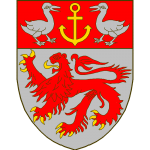 Blason:D’argent au lion léopardé de gueules, armé et lampassé d'or, au chef de gueules, chargé d’un ancre d’or posé en pal, accosté de deux canettes affrontées d’argent