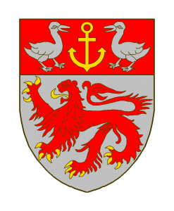 Blason:D’argent au lion léopardé de gueules, armé et lampassé d'or, au chef de gueules, chargé d’un ancre d’or posé en pal, accosté de deux canettes affrontées d’argent