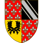 Écartelé: aux I et IV de gueules semé de fleurs de lis d'argent, au II de sable à la bande coticée d'argent, au III d'or à deux pattes d'aigle arrachées de sable, passées en sautoir.