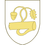 Une branche de chêne arrachée en fasce, à un rameau partant du bas, remontant derrière la branche et se terminant en chef par deux tiges entrelacées, l'une à un gland, l'autre feuillée.