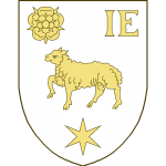 Un agneau passant, accompagné en chef, à dextre, d'une rose, à sénestre des lettres I E, en pointe d'une étoile à six rais.