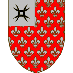 De gueules semé de fleurs de lis d'argent, au canton d'argent à une anille alternée, (meuble spécial), de sable.