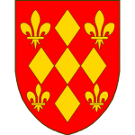 De gueules à cinq losanges d'or, aboutées et accolées en croix, cantonnées de quatre fleurs de lis du même.