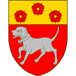 De gueules au chien d'argent colleté d'or, au chef d'or à trois roses de gueules boutonnées d'or, posées 1-2.