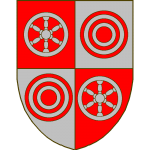 écartelé au 1 et 4 de gueules à une roue à 6 rais d'argent au 2 et 3 d'argent à un tourteau de gueules enclos de 2 annelets concentriques du même.