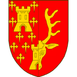 Parti: au I de gueules semé de croisettes recroisettées au pied fiché d'or, à une porte et demie du même, à sénestre de gueules à un demi-massacre de cerf d'or.