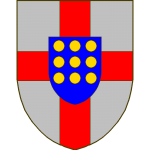 Blason:D'argent à la croix de gueules, à l'écusson brochant en coeur d'azur à neuf besants d'or, posés 3 - 3 - 3.