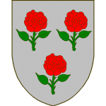 D'argent à trois roses figurées au naturel, de sinople, boutonnées de gueules.