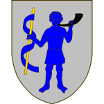 D'argent au sauvage d'azur, tenant de la sénestre un cornet de chasse de sable, approché de la bouche pour sonner, et de la dextre une lance d'or à la banderole d'azur.