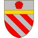 Bandé d'argent et de gueules, de six pièces, au chef d'argent, chargé d'une rose de gueules et soutenu d'une divise d'or.