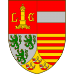 Blason: Écartelé : en 1, de gueules au perron haussé, supporté par trois lions sur trois degrés, monté,pomme de pin, sommé d'une croix pattée, le tout d'or, accosté d'un L et G majuscules du même , en 2, de gueules, à la fasce d'argent, en 3, d'argent, à trois lions de sinople, armés et lampassés de gueules, et couronnés d'or, en 4, burelé d'or et de gueules, enté en pointe d'or, à trois cors de chasse de gueules, virolés et enguichés d'argent.