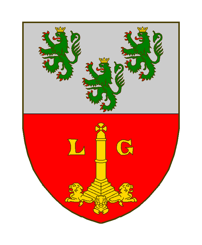 Coupé au ler d'argent à trois lions de sinople, armés et lampassés de gueules, couronnés d'or, au 2 de gueules au perron Liègeois accosté des lettres capitales L et G, le tout d'or.