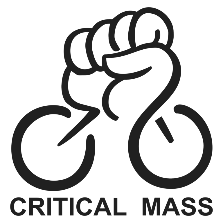 Symbol, eine Faust die aus zwei Rädern rausragt, unten der Schrifzug Critical mass