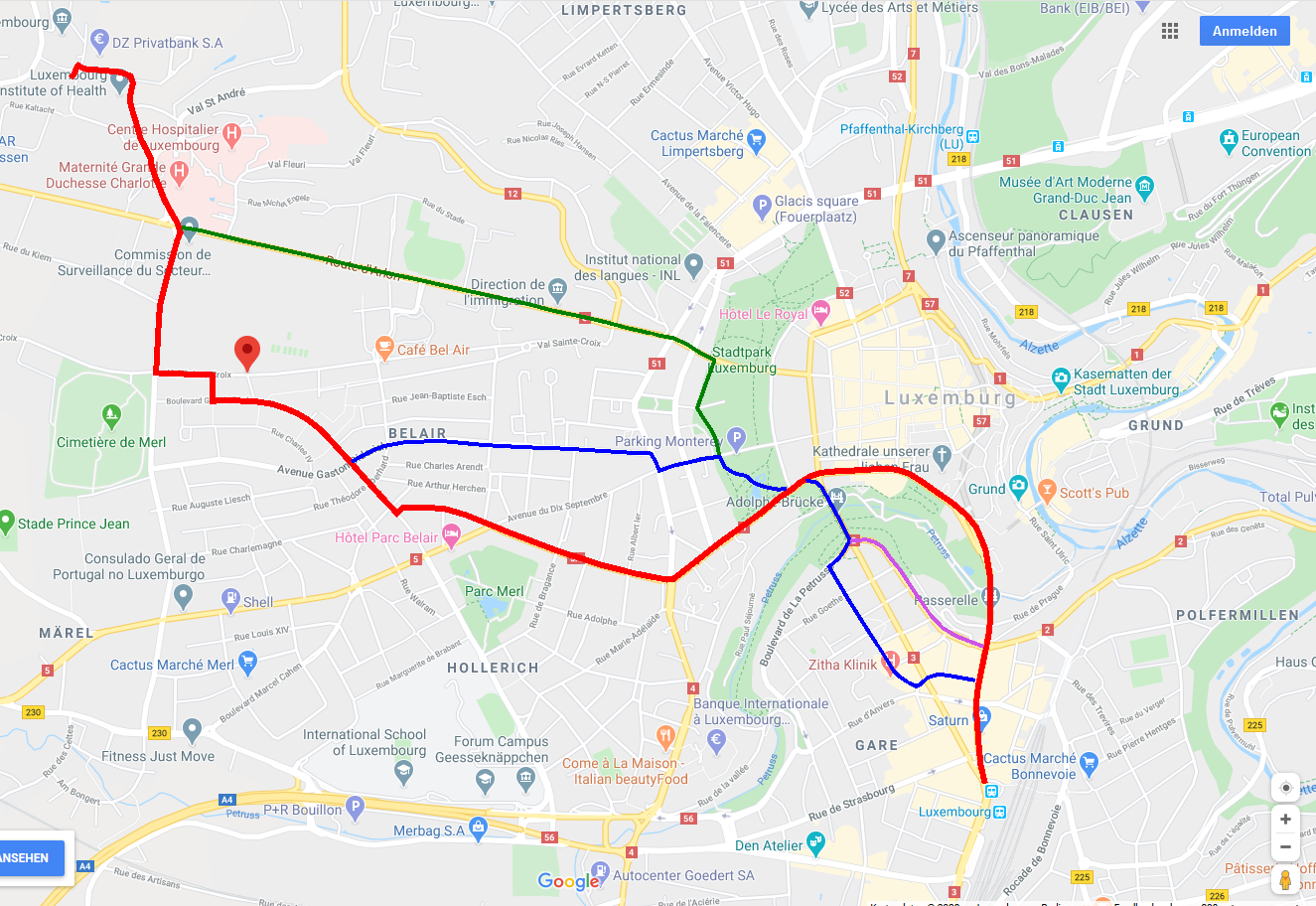 Screenshot von Googlemaps, Stadtplan Luxemburg Stadt mit eingezeichneter Route und drei Alternativen