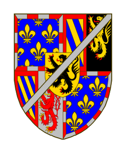 Ecartelé: aux 1 et 4 de Bourgogne moderne, au 2 parti de Bourgogne ancien et de Brabant, au 3 parti de Bourgogne ancien et de Limbourg. Sur le tout de Flandre. Un filet en barre d'argent brochant sur le tout du tout.