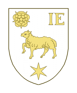Un agneau passant, accompagné en chef, à dextre, d'une rose, à sénestre des lettres I E, en pointe d'une étoile à six rais.